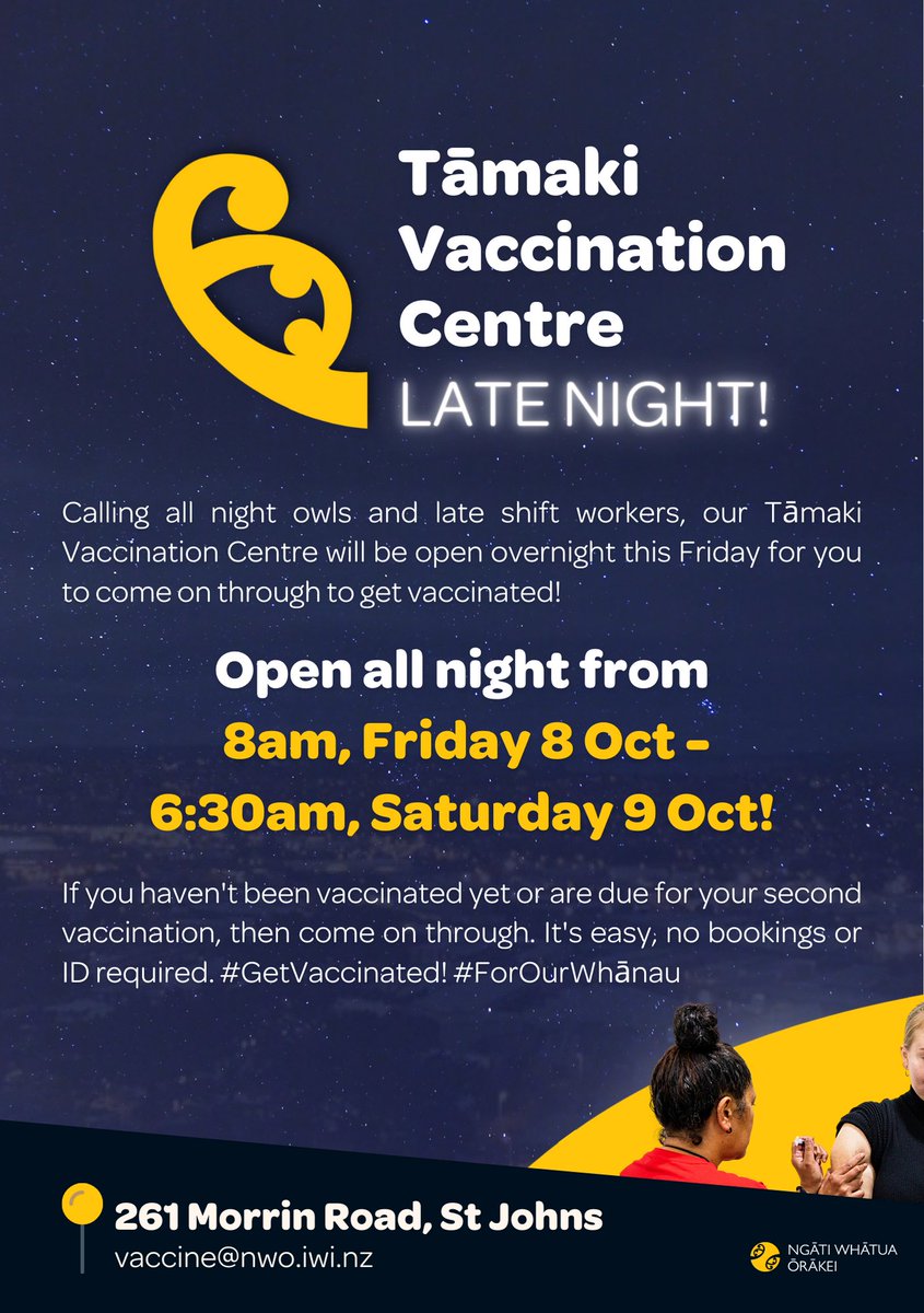 MaramaDavidson's tweet photo. Here are the details, no ID or booking needed:
Their Tāmaki Vaccination Centre (261 Morrin Rd) will be open all night from 8am, Friday 8 Oct - to 6:30am Saturday 9 Oct! https://t.co/9r2iTTpMad