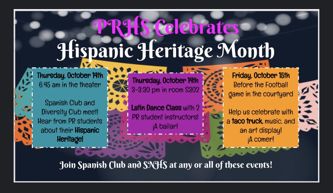 PR_SNHS's tweet photo. ¡Celebremos el mes de la herencia hispana!
We hope you join us for one or more of these awesome events next week!
@SrtaGroat @SraLeePR @SKochPR https://t.co/O0lrwAAXnr
