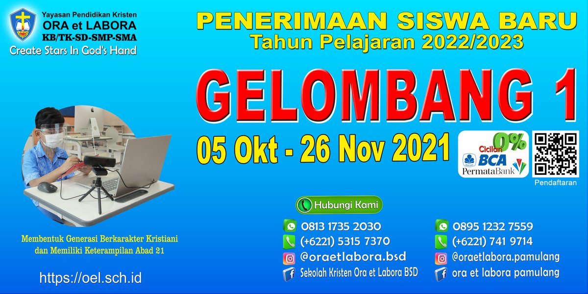 Sekolah ORA et LABORA Mendidik siswa menjadi manusia yang takut akan Tuhan, berguna bagi sesama 
dan berpengetahuan tinggi berdasarkan nilai-nilai Kristiani.
Ayo segera daftarkan putra-putri Bapak dan Ibu dan bergabunglah dengan kami di Kampus Pamulang maupun di Kampus BSD.