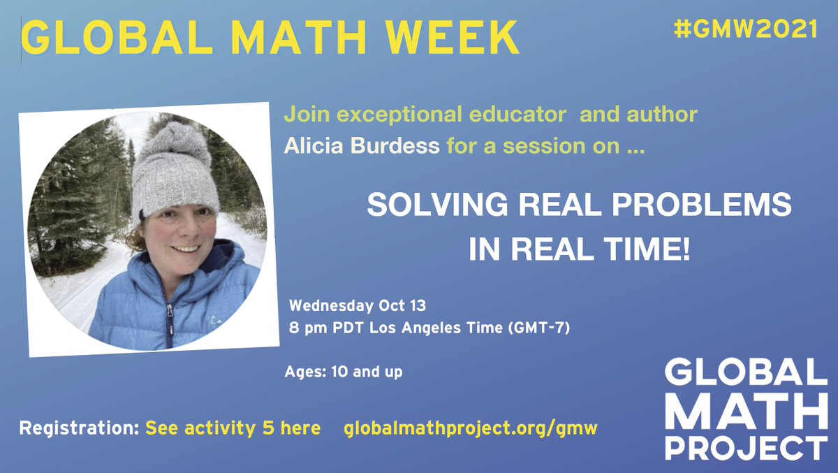 jamestanton's tweet image. Join math educator extraordinaire @BurdessAlicia for a fun session: Solving problems in real time! Wed Oct 13. What a joy to have Alicia join Global Math Week 2021. #gmw2021 Here's the direct link to her session! us02web.zoom.us/meeting/regist…
@GlobalMathProj @MathCircleNet  #MTBoS