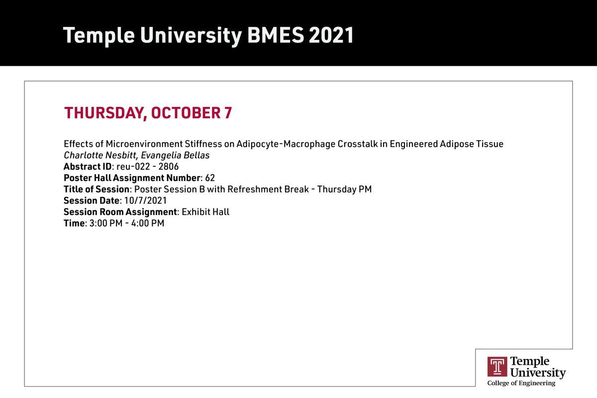 templebioe's tweet photo. We are so excited for @templebioe 's very own @BellasFATLab to kick off this year's @BMESociety conference! Don't miss Dr. Bellas' Poster Session today at 3pm in the Exhibit Hall!  #BMES2021 #TempleBioE #TempleBMES2021 https://t.co/T0C974PHKy