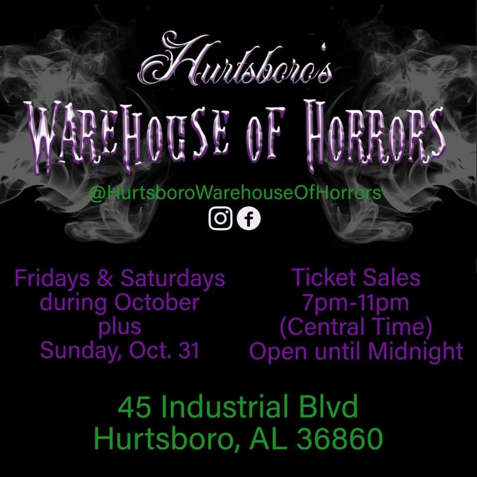 brendaslynn's tweet photo. Auburn area friends! Hurtsboroโs Warehouse of Horrors is opening this Friday! Tickets are $20 & will be sold from 7pm-11pm central time. We will be open until midnight! Anyone under 18 must be accompanied by an adult. Parental discretion is advised. #hurtsboroswarehouseofhorrors https://t.co/li2xyIRZAH