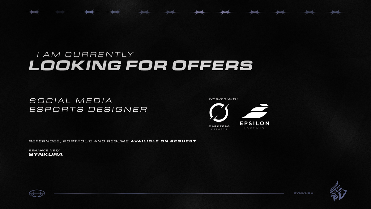 I am currently looking for more opportunitys to work as a designer in esports.

My portfolio: behance.net/synkura

My refrences and resume are availible on request as my DM's are open

RT's are much appreciated