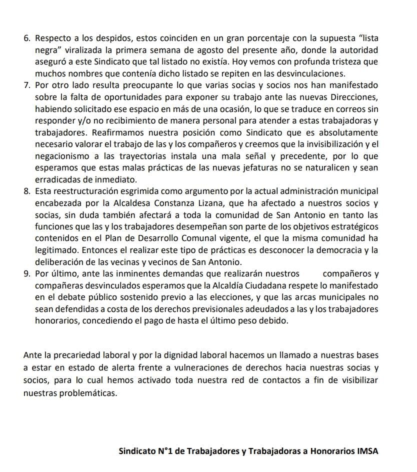 sitthosan's tweet photo. Compartimos comunicado por desvinculaciones de Trabajadoras y Trabajadores a Honorarios de la Municipalidad de San Antonio @imsanantoniocl

Contra toda precarización, aguante los #Honorarios 

@untthe_mcn
@lidersanantonio
@proa_sanantonio
@radiolabase
@SITTHOVAL
@latercera https://t.co/FJeIbbE6vU