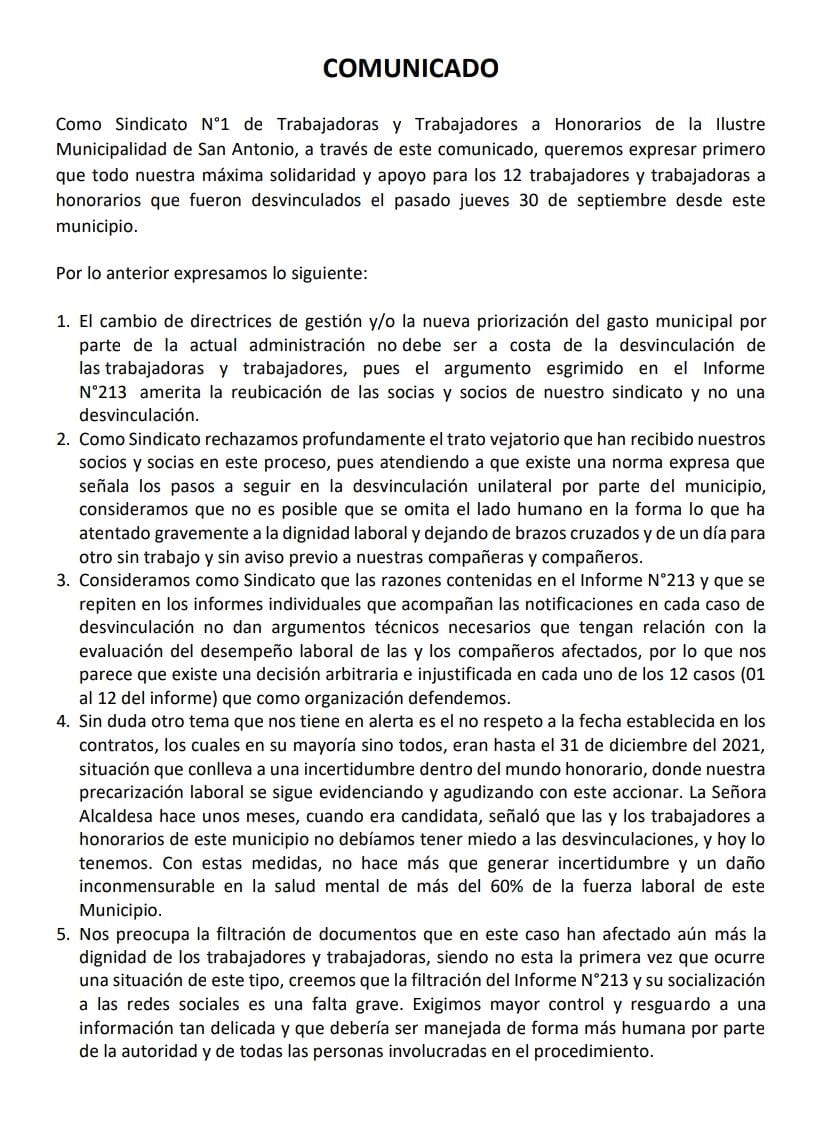 sitthosan's tweet photo. Compartimos comunicado por desvinculaciones de Trabajadoras y Trabajadores a Honorarios de la Municipalidad de San Antonio @imsanantoniocl

Contra toda precarización, aguante los #Honorarios 

@untthe_mcn
@lidersanantonio
@proa_sanantonio
@radiolabase
@SITTHOVAL
@latercera https://t.co/FJeIbbE6vU