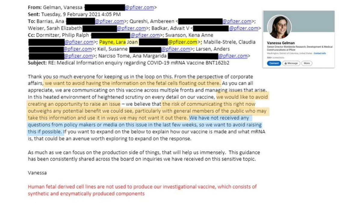 EricSpracklen's tweet photo. BREAKING: Internal Email From @Pfizer Senior Director of Worldwide Research @vanessagelman 

‘We Want to Avoid Having the Information on the Fetal Cells Floating Out There’

#PfizerLeaks https://t.co/BbCxBXY0ag