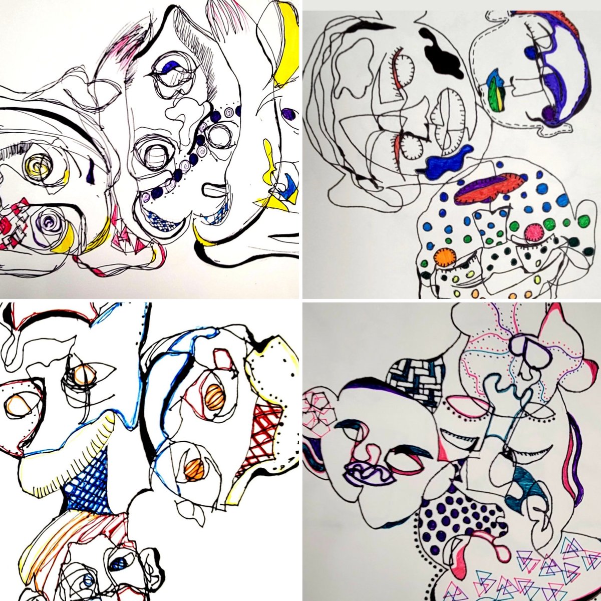 DMSArtMrs_Craig's tweet photo. Sure, blind contour self-portraits taught us right brain drawing skills, line variation, pattern, & overlapping composition, but we also learned to LET GO, find beauty in imperfection, and turn unexpected results into provocative artwork. Well done, 6th & 7th grade!! 👏 #DMSArt https://t.co/GJKrQuV3EZ