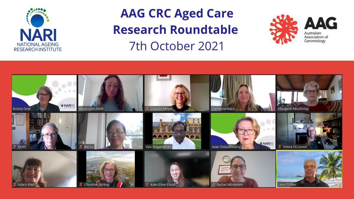 .<a href="/NAgeingRI/">NARI</a> staff had a productive meeting with <a href="/gerontologyau/">AAG</a> Collaborating Research Centres this morning to discuss priorities for #AgedCare research in Australia. Findings of our discussions will be shared with <a href="/healthgovau/">Australian Dept of Health, Disability and Ageing</a> to inform a national aged care #research strategy.