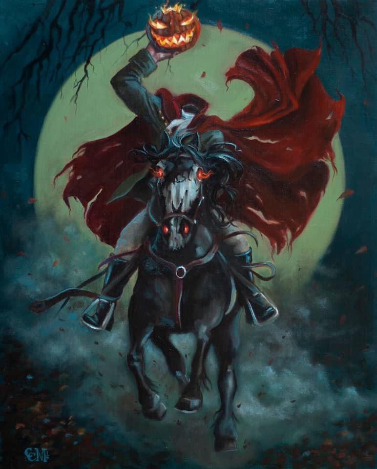 Artist Catherine Moore’s (@TeaAndCanvas) newest work, “The Midnight Ride” created for the Lore group show opening at Modern Eden Gallery (<a href="/moderneden/">Modern Eden Gallery</a>) this Saturday, 6-9pm. 🔥 🎃🖤

#Halloween #HalloweenArt #ModernEdenGallery #CatherineMoore #Art #Artist #LegendOfSleepyHollow