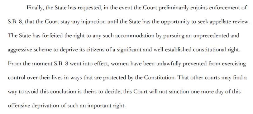QasimRashid's tweet photo. BREAKING: Federal District court strikes down the Texas abortion ban as unconstitutional, and absolutely tears S.B. 8 to shreds. "...this Court will not sanction one more day of this offensive deprivation of such an important right." https://t.co/D9Y6A0CvI3