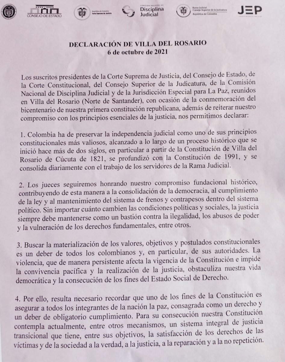 CorteSupremaJ's tweet photo. Más allá de los cambios políticos y sociales, la #Justicia debe mantenerse como bastión contra ilegalidad y abusos, DECLARAN @CorteSupremaJ @CConstitucional @JEP_Colombia @CNDJ_Col @consejodeestado y @judicaturacsj al llamar a respetar reglas democráticas y de vida en sociedad⬇️ https://t.co/wM2YVnyGY0