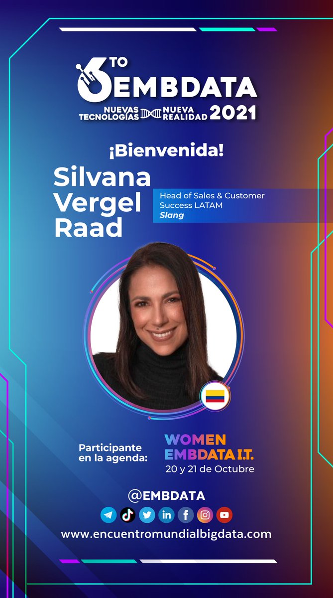 EMBdata's tweet photo. Damos la bienvenida a:
#SilvanaVergelRaad
#LATAM
Participante en el Women EMBDATA I. T. - 2021. En nuestra primera agenda del 6to #EMBData del 20 de Octubre al 4 de Noviembre.
#EMBDATA2021
https://t.co/y9twkuIMMq https://t.co/yAYLUQrU5d