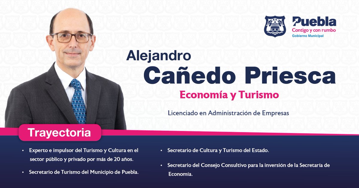 .<a href="/AleCanedoP/">Alejandro Cañedo Priesca</a> será el titular de Economía y Turismo, un gran perfil que posicionará a Puebla como una potencia turística para #CorregirElRumbo.