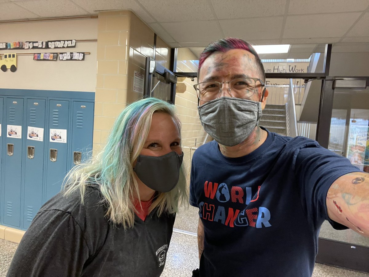 I made a deal with our Otters this fall- beat our fundraising goal and they can dye my hair any colors they want. They absolutely surpassed it and here we are. A huge shout out to the awesome Mississippi staff who joined in! #MightyMississippi <a href="/AHSchools/">Anoka-Hennepin</a>