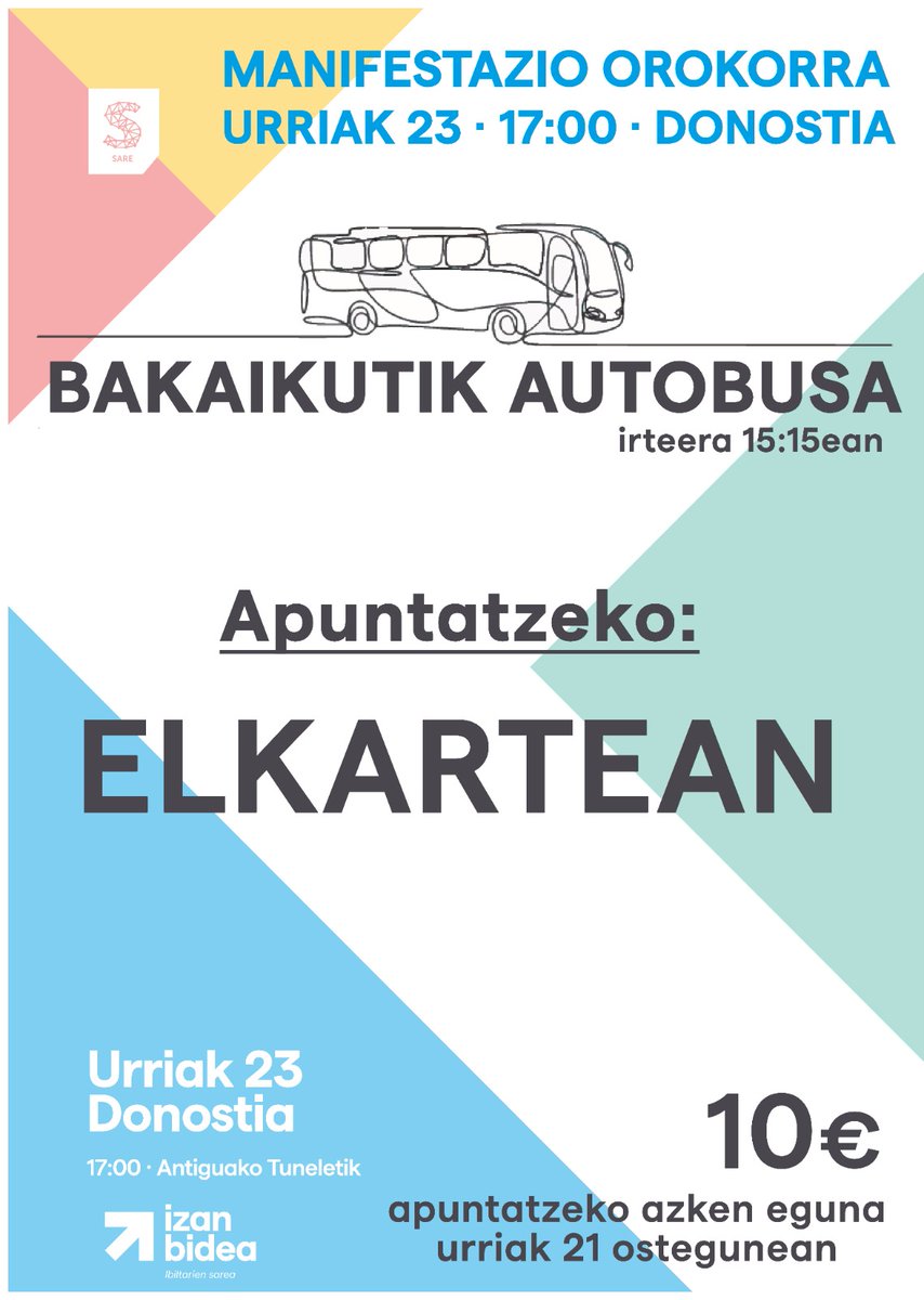 sare_herritarra's tweet photo. 🚍Hemen beste hitzordu batzuk #Arbizu, #Bakaikua #Etxarri eta #UribeButroe-ko kartelak.

MANIFESTAZIO OROKORRA

 📅Urriak 23 de octubre  ⏱17:00  📍Donostia - Antiguako Tuneletik #IzanBidea #IbilianIbilianEtxerakoBidean #U23Donostiara https://t.co/OeOk3rPwdH