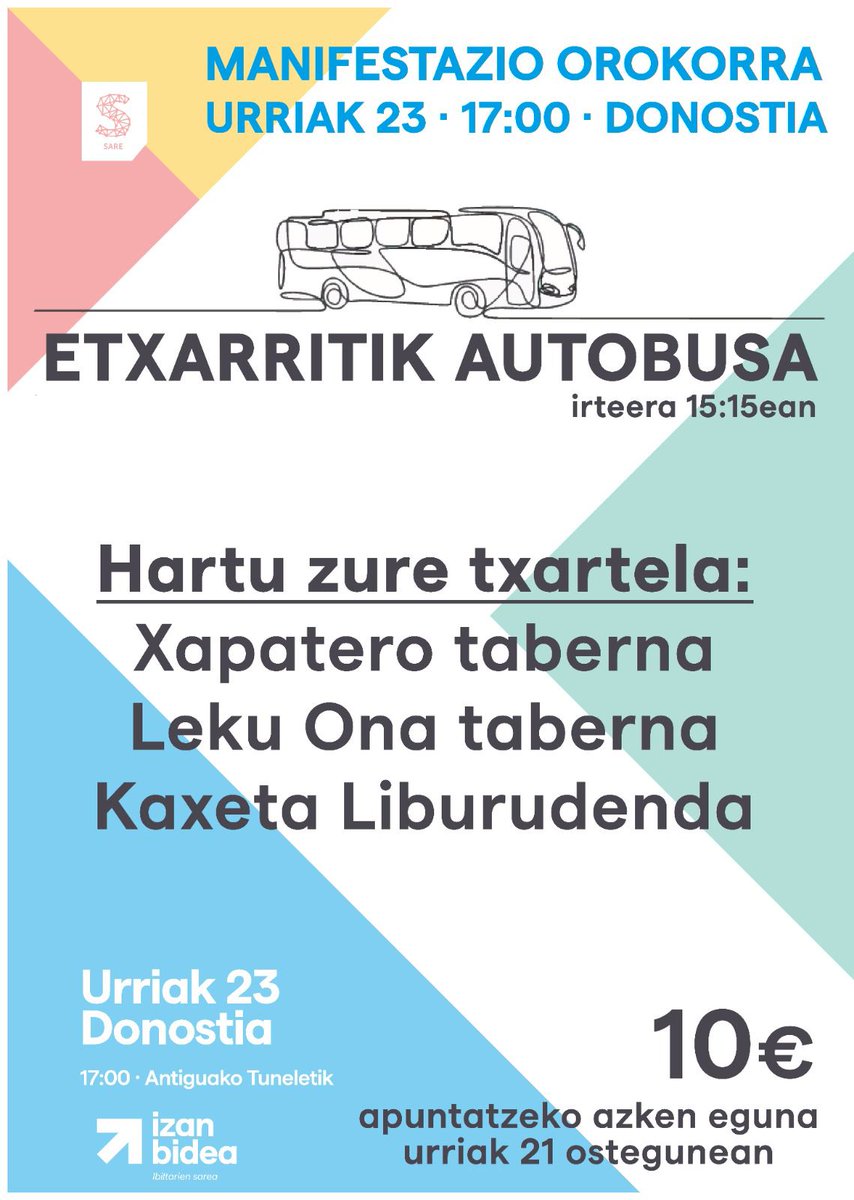 sare_herritarra's tweet photo. 🚍Hemen beste hitzordu batzuk #Arbizu, #Bakaikua #Etxarri eta #UribeButroe-ko kartelak.

MANIFESTAZIO OROKORRA

 📅Urriak 23 de octubre  ⏱17:00  📍Donostia - Antiguako Tuneletik #IzanBidea #IbilianIbilianEtxerakoBidean #U23Donostiara https://t.co/OeOk3rPwdH