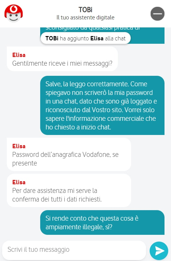lapo_it's tweet photo. @VodafoneIT ma il vostro operatore stava cercando di avere i miei dati per venderli al miglior offerente, o veramente la vostra procedura di assistenza chat è così bizantina? https://t.co/YQswRqvtBE