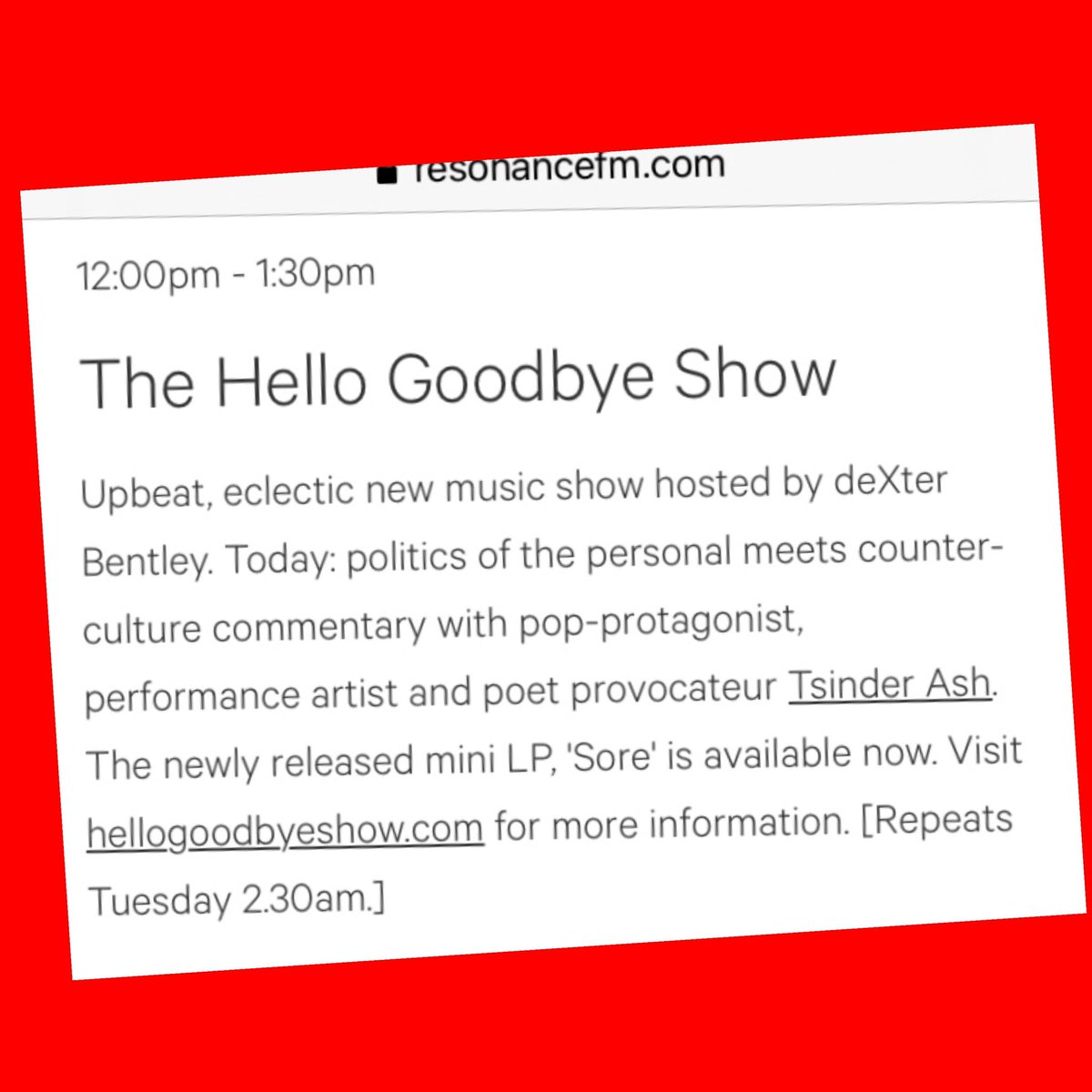 deXterBentley's tweet photo. Noon - 1.30pm (GMT) Sat 9th Oct #hellogoodbyeshow #resonancefm #dexterbentley Ft: #tsinderash HG live session archive recording: #wendyraefowler On the playlist: #simonbromide #harrisonanddunkley #chayaczernovin #pinkdiamondreview #stickinthewheel #neilyoung #theodorewildride https://t.co/4QYYbB4mSl