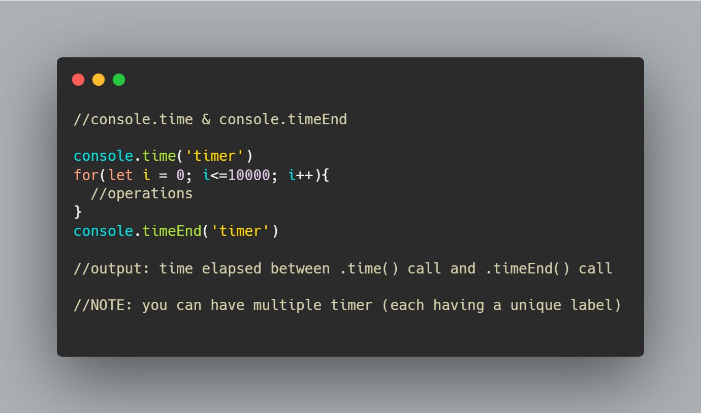 Nisarg on X: "JS Tip 💡 The console object in #JavaScript has .time() & . timeEnd() methods which allows you to measure how long certain operations take. + console.time(label) starts a new timer. + Nisarg on X: "JS Tip 💡 The console object in #JavaScript has .time() & . timeEnd() methods which allows you to measure how long certain operations take. + console.time(label) starts a new timer. +