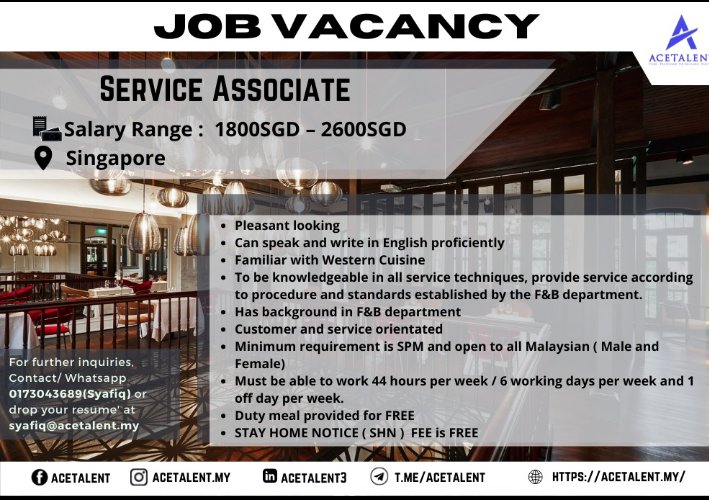 AcetalentMY's tweet photo. WE'RE HIRING!!! SINGAPORE VACANCY
** MALAYSIAN ARE WELCOME **
Do you love to entertain people?Fully Vaccinated ? 
*DONT WORRY ABOUT THE QUARANTINE FEE, YOUR EMPLOYER WILL TAKE CARE OF IT* 
 Then you're what we're looking for our Fine Dining Restaurant. Drop us your resume ! https://t.co/XB4Fhgn5ZB