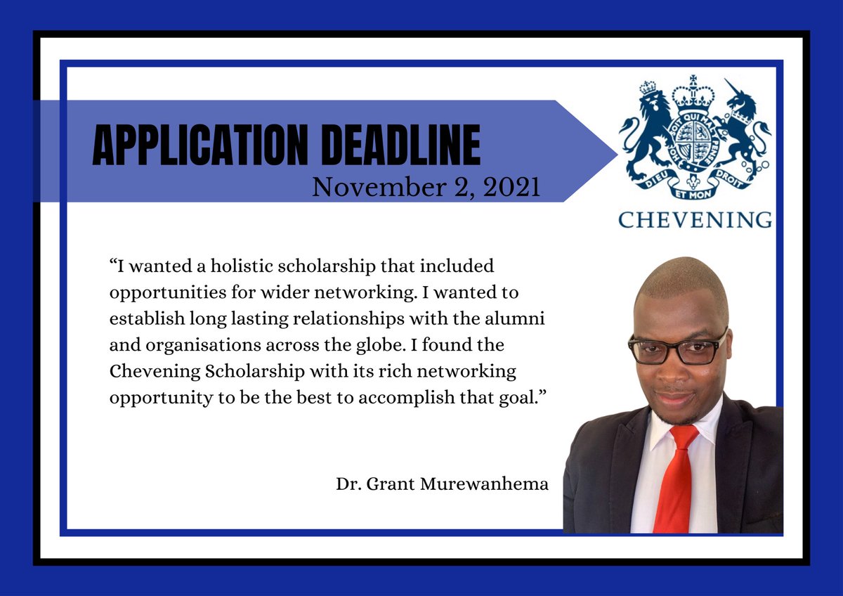MOTIVATION: Zimbabwe #Chevening scholar <a href="/geemurie/">Dr Grant Murewanhema</a> chose <a href="/CheveningFCDO/">Chevening Awards🇬🇧</a> Awards - here’s 👇🏾why

APPLY NOW: chevening.org/apply 
#BeChevening
