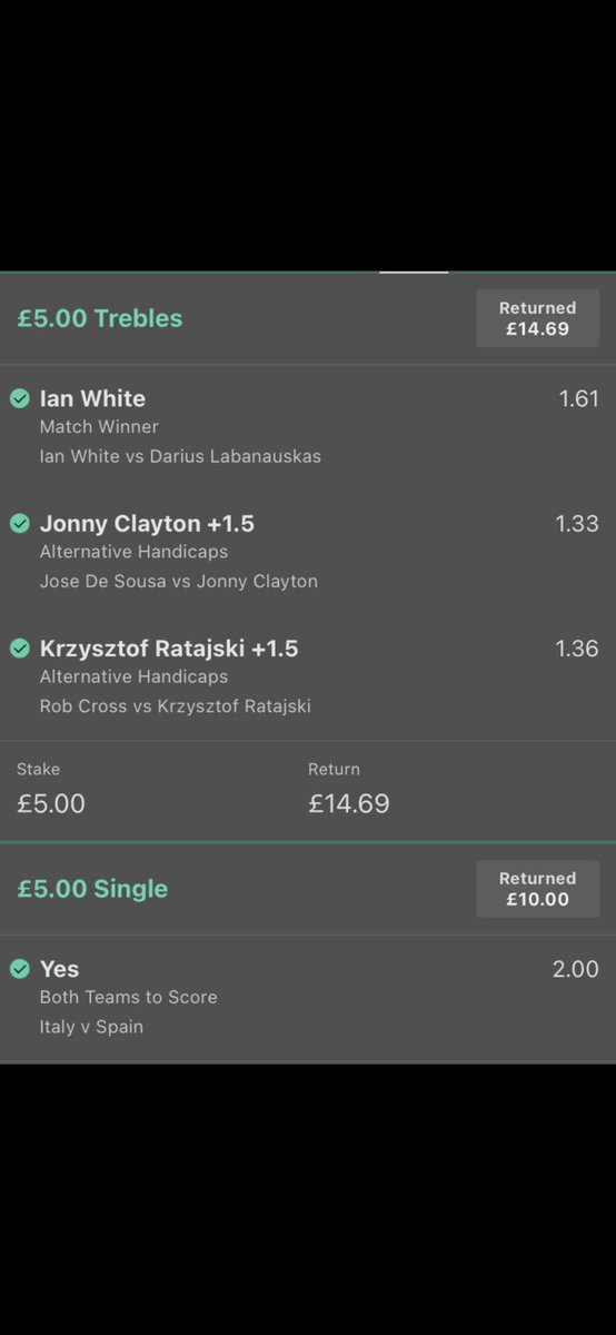 Yesterday we had a single football win and a darts win. We do it all 🤑

DM me ASAP to get involved 👍🏻

♦️DM for more details 📩
♦️All bets sent via WhatsApp daily 📲 
♦️Over 18s only 🔞 Gamble Aware ⚠️