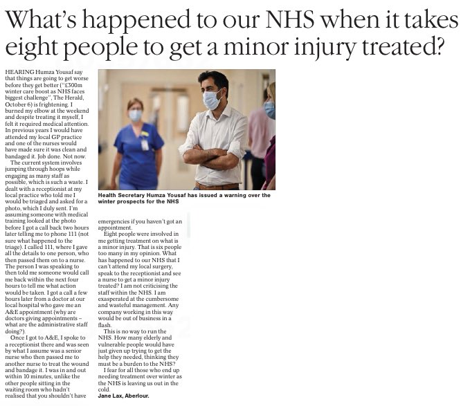 Janela_X's tweet photo. My letter in The Herald today.  Our NHS is being run inefficiently. The staff are not to blame. We all know who is.  
Nicola Sturgeon
Alex Neill
Shona Robison 
Jeane Freeman
Humza Yousaf

Scotland deserves better. https://t.co/rBnDgzzQIl