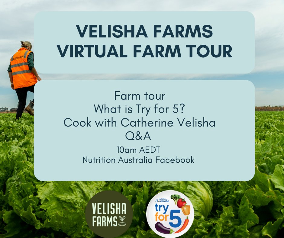 NutritionAust's tweet image. Join us on our Nutrition Australia Facebook Monday 10am AEDT for this not-to-missed event! 

Come along and get ready for a veg-packed morning. buff.ly/3lf2lIi 
#NNW2021 #TryFor5 #GetMoreVeg
 @velishafarms @EducationVeg