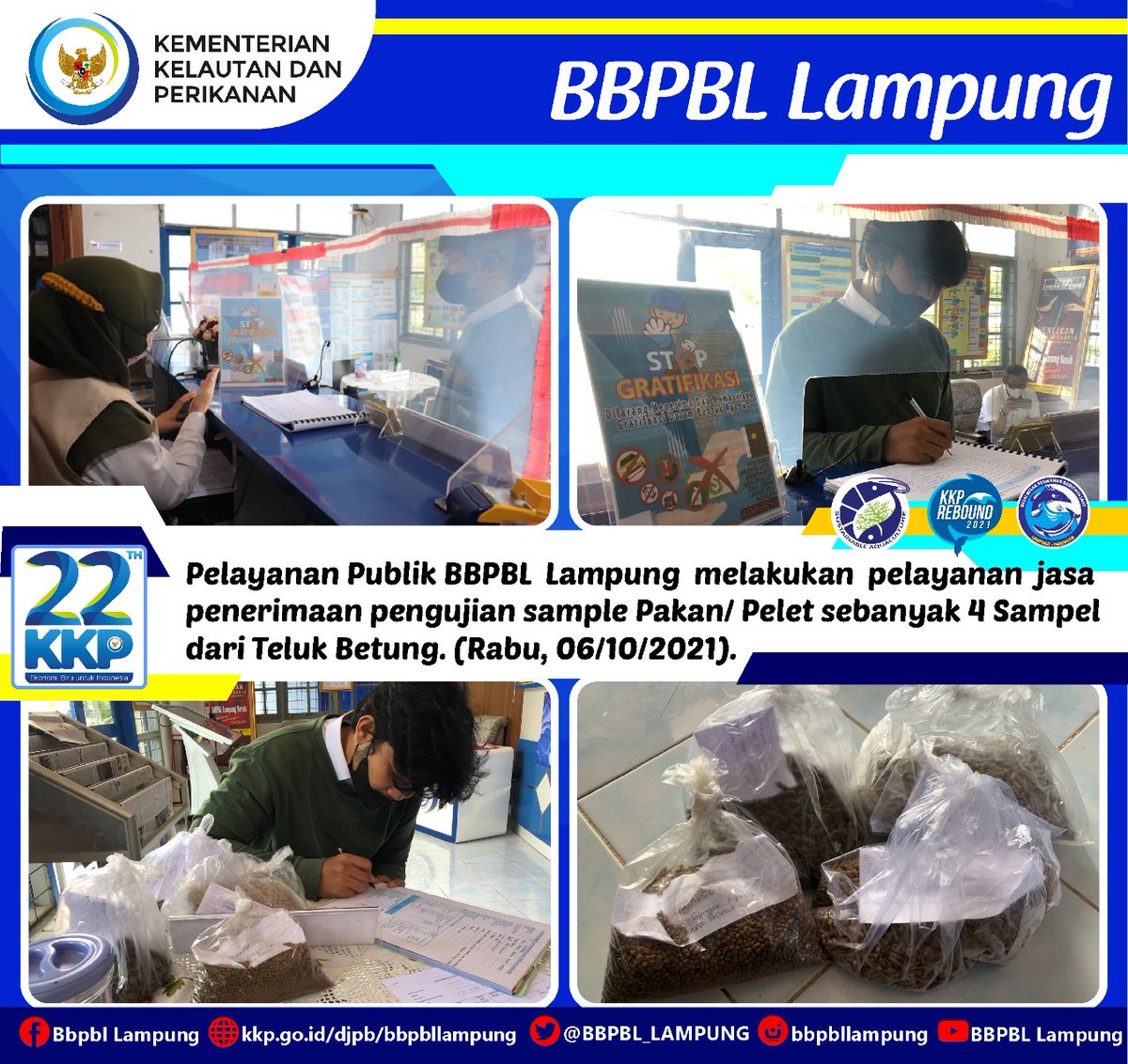 BBPBL_LAMPUNG's tweet photo. Pelayanan Publik BBPBL Lampung melakukan pelayanan jasa penerimaan pengujian sample Pakan/ Pelet sebanyak 4 Sample dari Teluk Betung.
#akuakulturberkelanjutan
#akuakulturuntukmasadepan
#SaktiWahyuTrenggono
#budidayakkp
#ayobudidayaikan
#pelayananpublik
#ujilab
#kkprebound https://t.co/tXdS4jlxh5