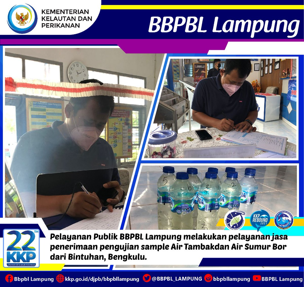 BBPBL_LAMPUNG's tweet photo. Pelayanan Publik BBPBL Lampung melakukan pelayanan jasa penerimaan pengujian sample Air Tambak dan Air Sumur Bor dari Bintuhan, Bengkulu.
#akuakulturberkelanjutan
#akuakulturuntukmasadepan
#SaktiWahyuTrenggono
#budidayakkp
#ayobudidayaikan
#ujilab
#kkprebound https://t.co/zohTVJk06p