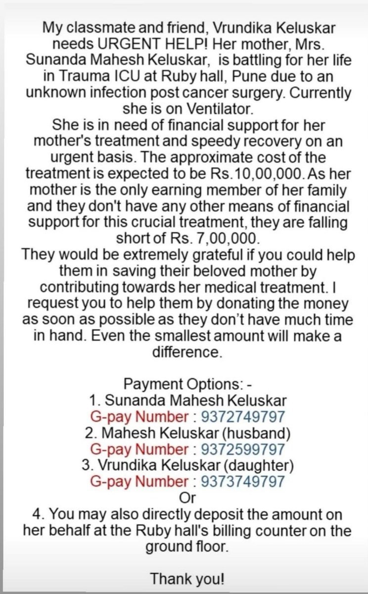 Meetali Barhate (@barhatemeetali) on Twitter photo This is my senior's mother....pls help and spread the message.
<a href="/ShivaniGianani/">Shivani Gianani</a> <a href="/Mahek_3012/">Mahek Kothari</a> <a href="/KaushikLab/">Kaushik Lab - Immunometabolism & Neuroinflammation</a> <a href="/ShilpySharma14/">Shilpy Sharma</a> <a href="/JanviShah_JS/">Janvi Shah</a> <a href="/Samatha_Mathew/">Samatha Mathew (She/her)</a> This is my senior's mother....pls help and spread the message.
<a href="/ShivaniGianani/">Shivani Gianani</a> <a href="/Mahek_3012/">Mahek Kothari</a> <a href="/KaushikLab/">Kaushik Lab - Immunometabolism & Neuroinflammation</a> <a href="/ShilpySharma14/">Shilpy Sharma</a> <a href="/JanviShah_JS/">Janvi Shah</a> <a href="/Samatha_Mathew/">Samatha Mathew (She/her)</a>