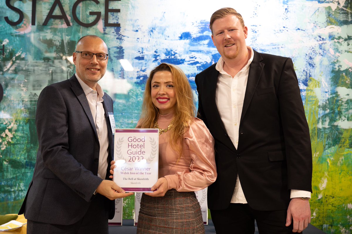 bellatskenfrith's tweet photo. Sarah, Manager Maria &amp; Head Chef Joseph were delighted to win a César from @GoodHotelGuide for best Welsh Inn 2022 https://t.co/JJfOTDxhYS
