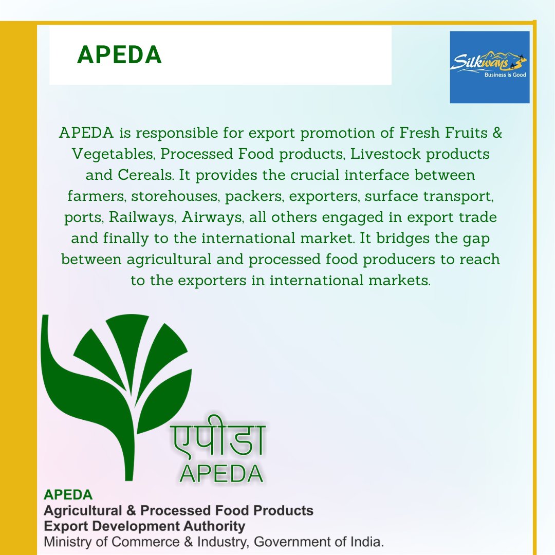 silkways_com's tweet photo. https://t.co/11c6yyVVYx

we are certified user of APEDA , FSSAI , EEPC AND FIEO.
We offer online business to business services. A global Gateway of Business. We are into Supply &amp; marketing of multiple brands, products, and services related to Different industries.
#silkways #b2b https://t.co/cgk5UPn2Jd