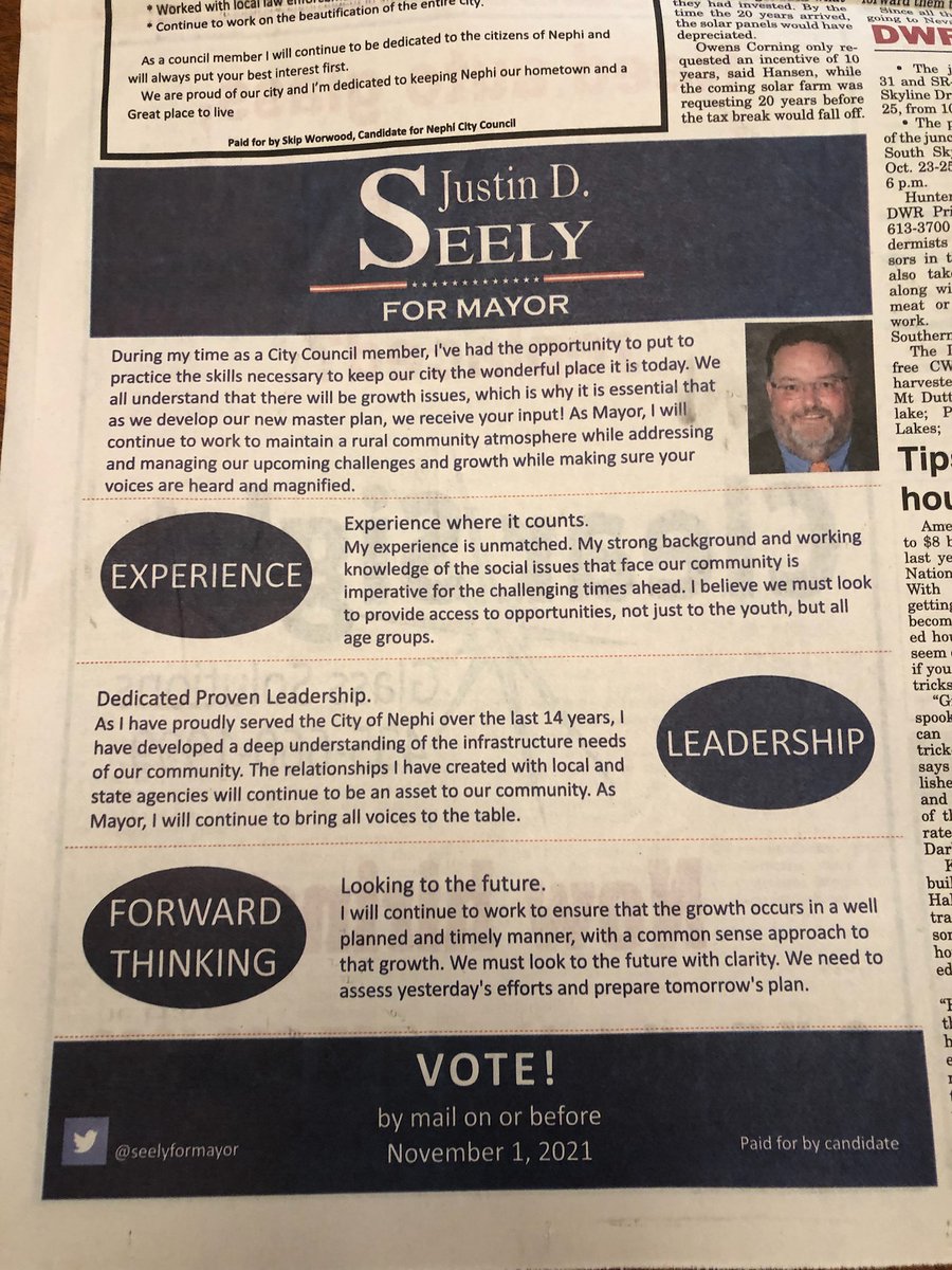 NephiMayorSeely's tweet photo. Did you see The Times this week? Be sure to pick up a copy to learn why I'll be the mayor you need! #nephi #nephiut #nephitimes #utpol #juabcounty #utah #vote https://t.co/kL0Dr5DgiU