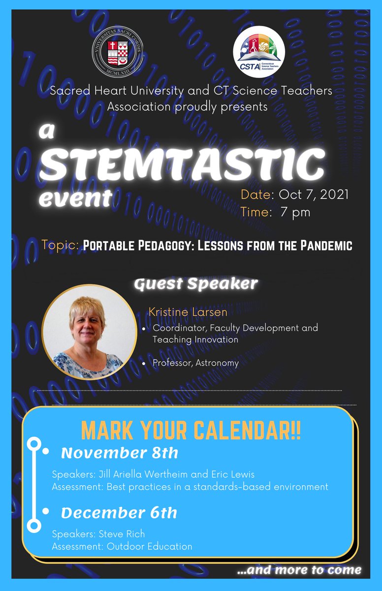 CTScience's tweet photo. Less than 24 hours until our first STEMtastic Event of the year. Join us on October 7th at 7:00pm to hear @CCSU Professor Kristine Larsen, courtesy of CSTA and @sacredheartuniv
Visit https://t.co/Z4ZojXYaze for info
#CTscience https://t.co/fEcgTQIUc8