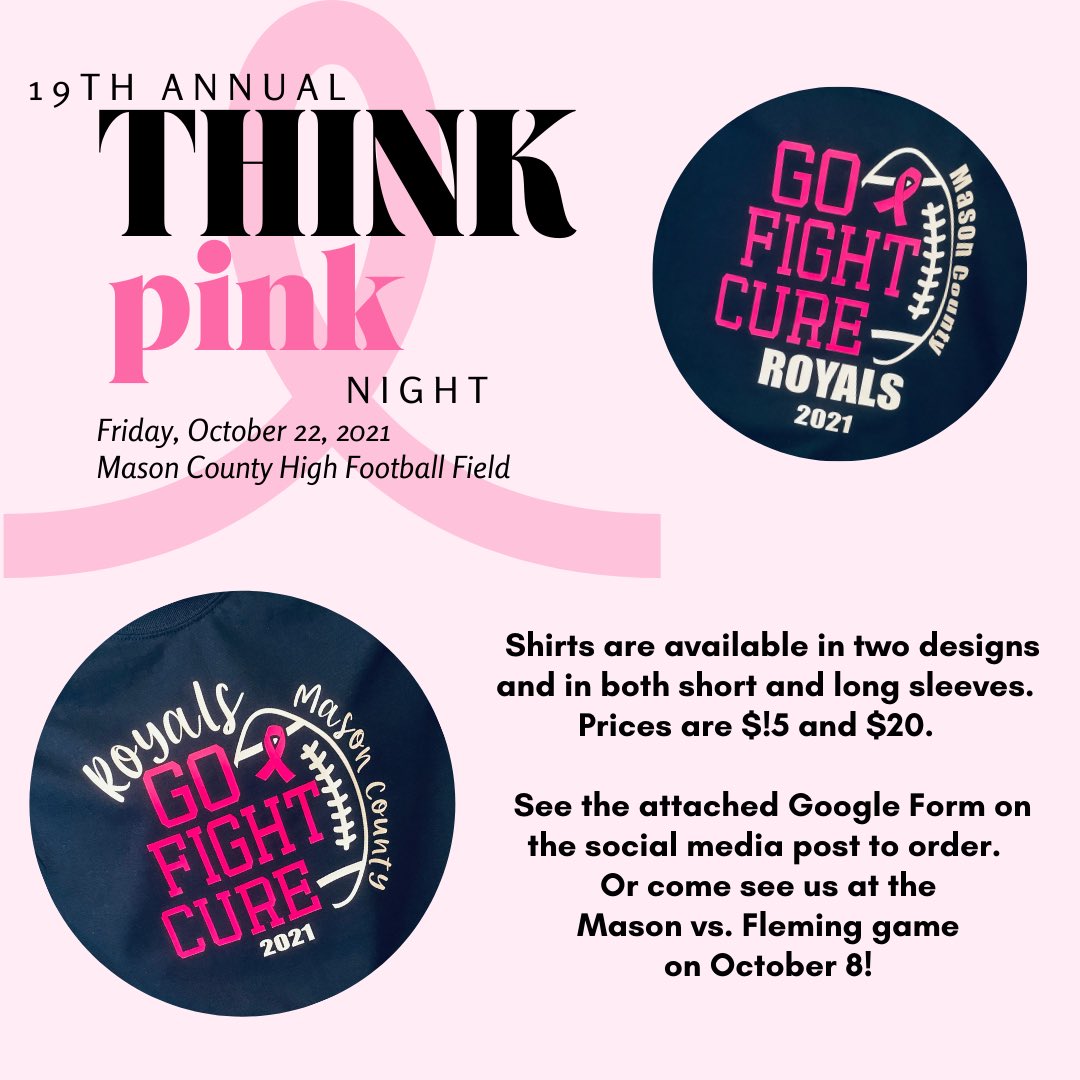 FCCLA_Mason's tweet photo. Please join us on Friday, October 22 for the 19th annual Think Pink night hosted by FCCLA! Members have lots of activities planned for kids &amp; resources available for cancer patients, caregivers and the general public. Order shirts at link below! 

https://t.co/XZNUywKdzt https://t.co/dpkXsm45Ml