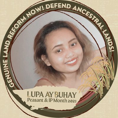 superjenacava's tweet photo. LUPA AY BUHAY!
Ako si JENA ng @NNARAYouthUPLB, at nakikiisa ako sa kampanyang LUPA AY BUHAY bilang paggunita sa Buwan ng mga Pesante at Katutubong Pilipino.
#GenuineLandReformNow
#DefendAncestralLands
#LupaAyBuhay
#LAB2021 https://t.co/U9IYn9GVdB