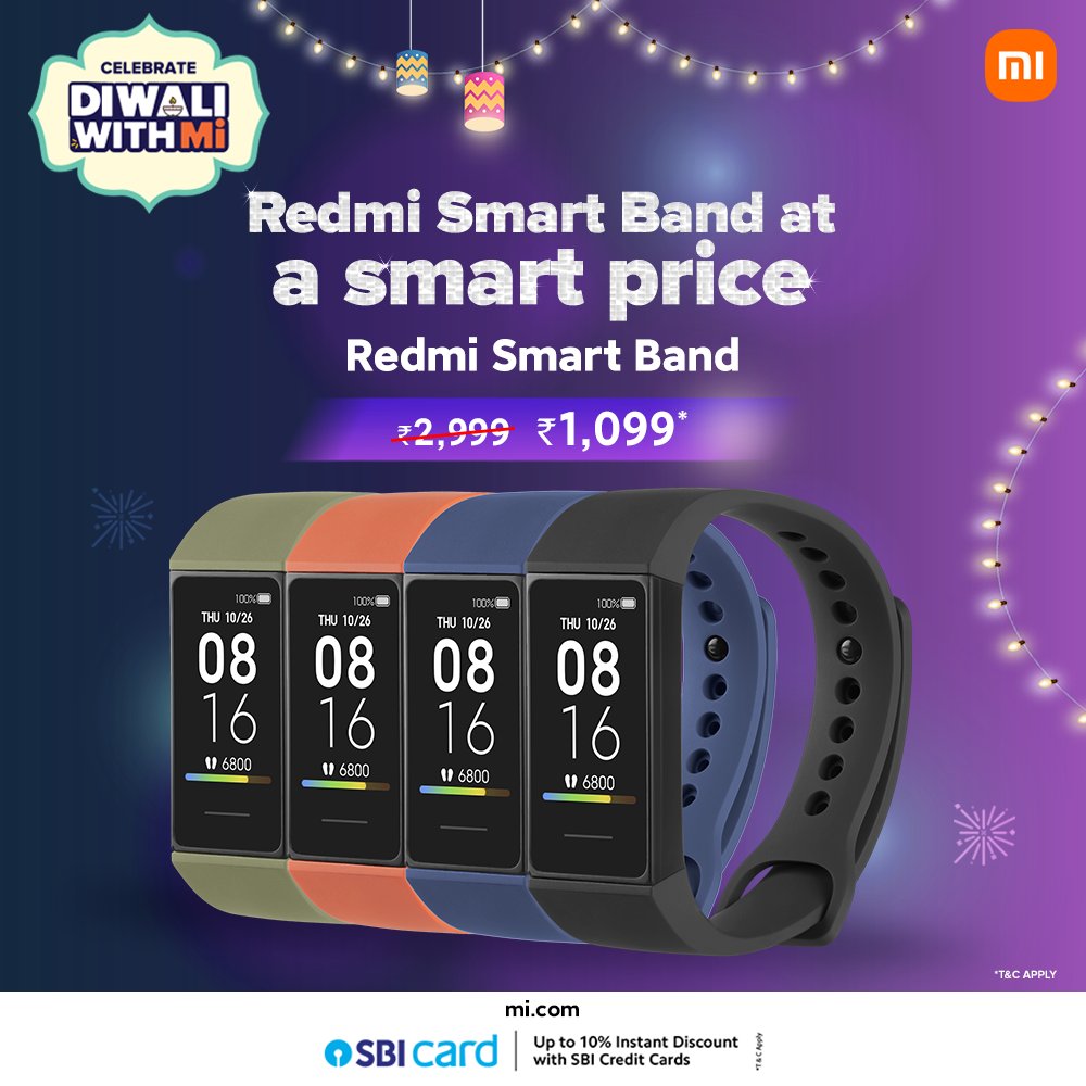 RedmiIndia's tweet photo. Planning out a workout regime?

#DiwaliWithMi is here with a jackpot deal ⬇️,
#RedmiSmartBand at just ₹1099!

Keep a track of #WhatsYourScore &amp;
With 5ATM water resistance, meet your new swimming buddy!🏊🏽

👉🏽https://t.co/wig2ERYN3N https://t.co/Xq5yq3yCO1