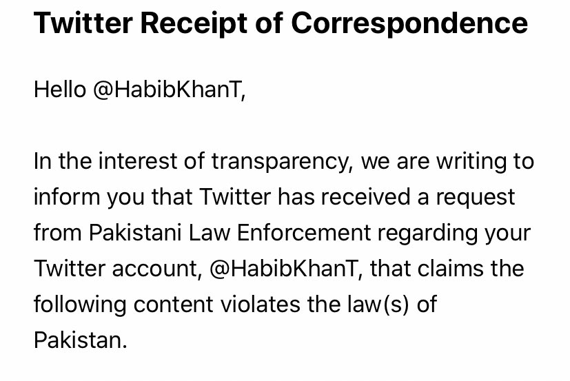 HabibKhanT's tweet photo. Twitter has received a request from Pakistani government regarding my account. I thank @Twitter for notifying me and not taking action. Pakistani military is colluding with terrorists and has invaded my country. I will continue to speak for Afghanistan and push #SanctionPakistan. https://t.co/uLlPEW5Ufe