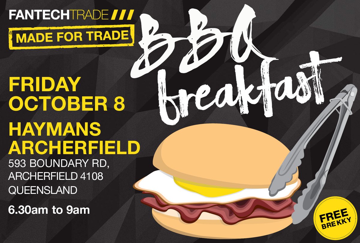 fantechtrade's tweet photo. Our #FantechTrade team will be attending tomorrow's BBQ Breakfast at Haymans, Archerfield to chat all things Fantech Trade. 😃

To find your nearest stockist visit: https://t.co/UXFjecEuBl https://t.co/AOFWVQZauK