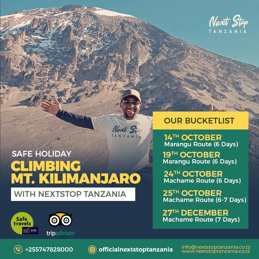 CLIMB MOUNT KILIMANJARO
Before  end of year 2021 , this is our bucketlist
For more information write to us 
Email: info@nextstoptanzania.co.tz
WhatsApp: +255747828000 / +255718828000
#kilimanjaromountain   #solotravel #climbkilimanjaro #climbing #officialnextstoptanzania