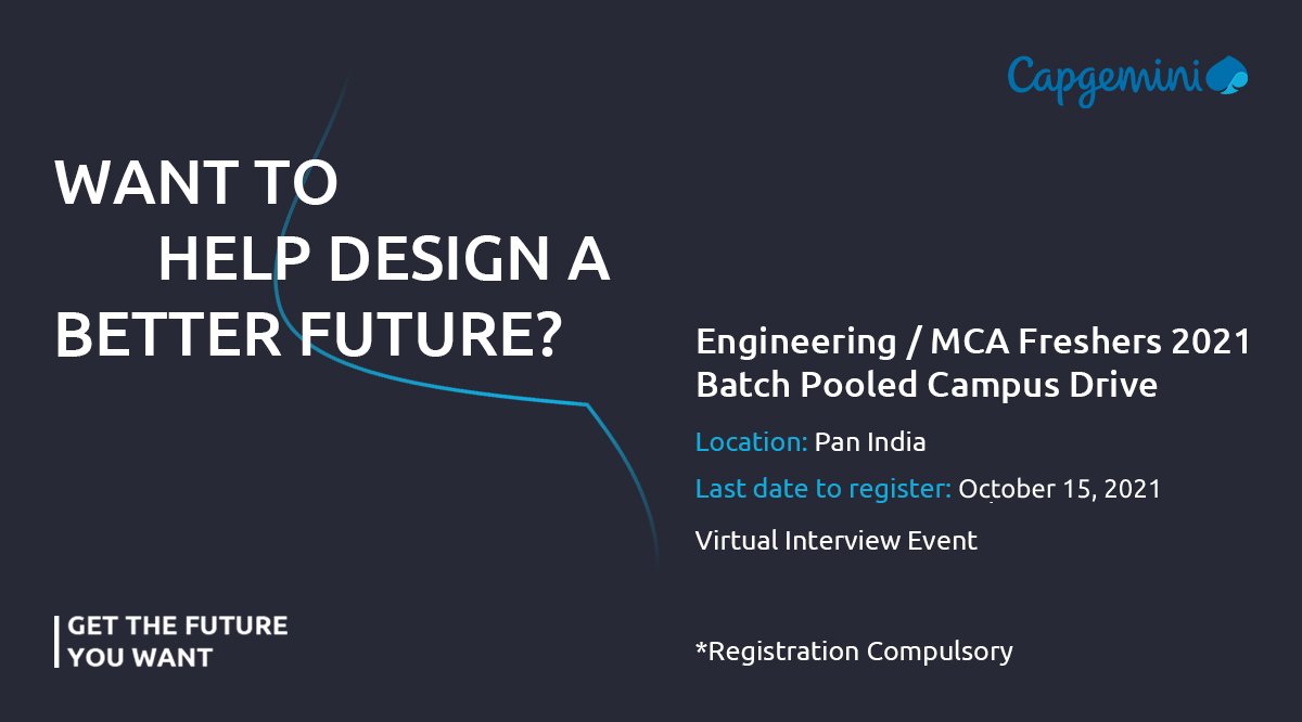 CapgeminiIndia's tweet photo. Tech-enthusiasts from Engineering/MCA freshers batch 2021, this opportunity is for you! Register for the pooled campus drive and stand a chance to be a part of our team. Apply now: https://t.co/SWG2KkZcnW
#CapgeminiIsHiring #GetTheFutureYouWant https://t.co/QTbn3UfgH2