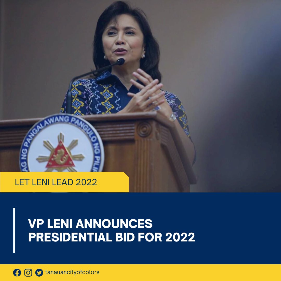 SweetHalili's tweet photo. BREAKING NEWS. Leni Robredo, Philippine opposition leader, will run for president in 2022.

Robredo made the announcement on Thursday, October 7, following mounting calls from supporters and political allies. #PHVote #WeDecide

https://t.co/YEtabONmaX https://t.co/WSXWqDiPiH