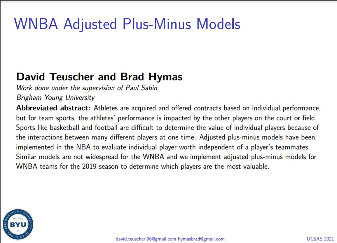 BradHymas's tweet photo. @TeuscherDavid and I were able to further expound on what we worked on in our Sports Analytics class, creating an adjusted regularized plus/minus model for the WNBA #UCSAS2021 https://t.co/G4E8dNwG0K