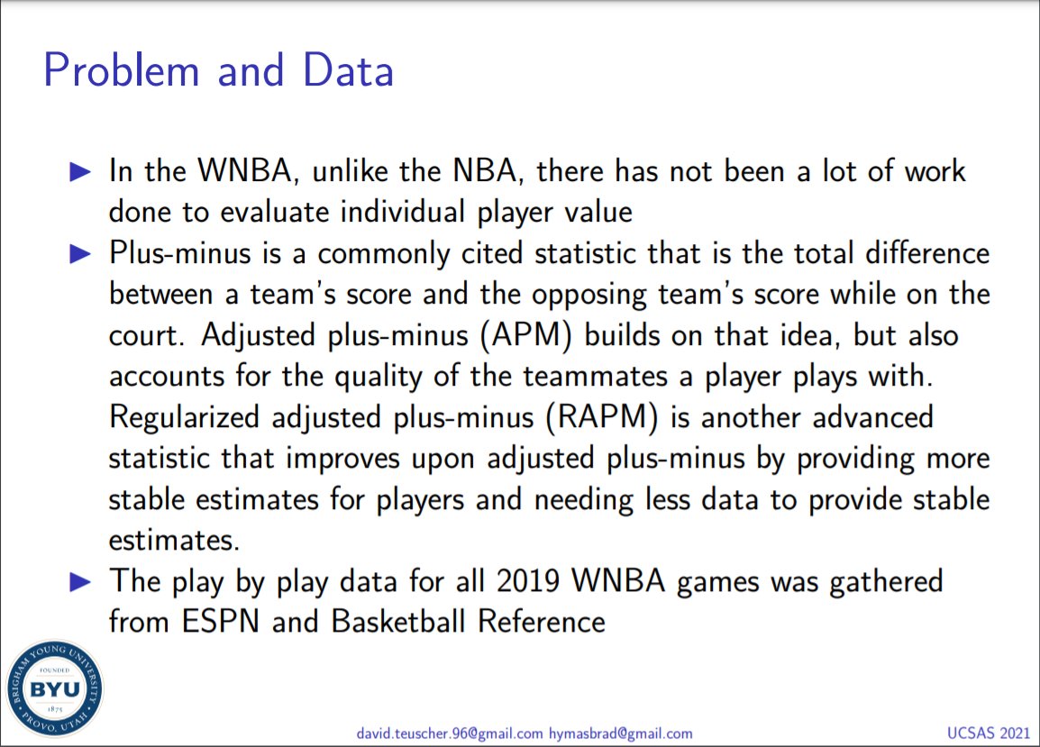 BradHymas's tweet photo. @TeuscherDavid and I were able to further expound on what we worked on in our Sports Analytics class, creating an adjusted regularized plus/minus model for the WNBA #UCSAS2021 https://t.co/G4E8dNwG0K