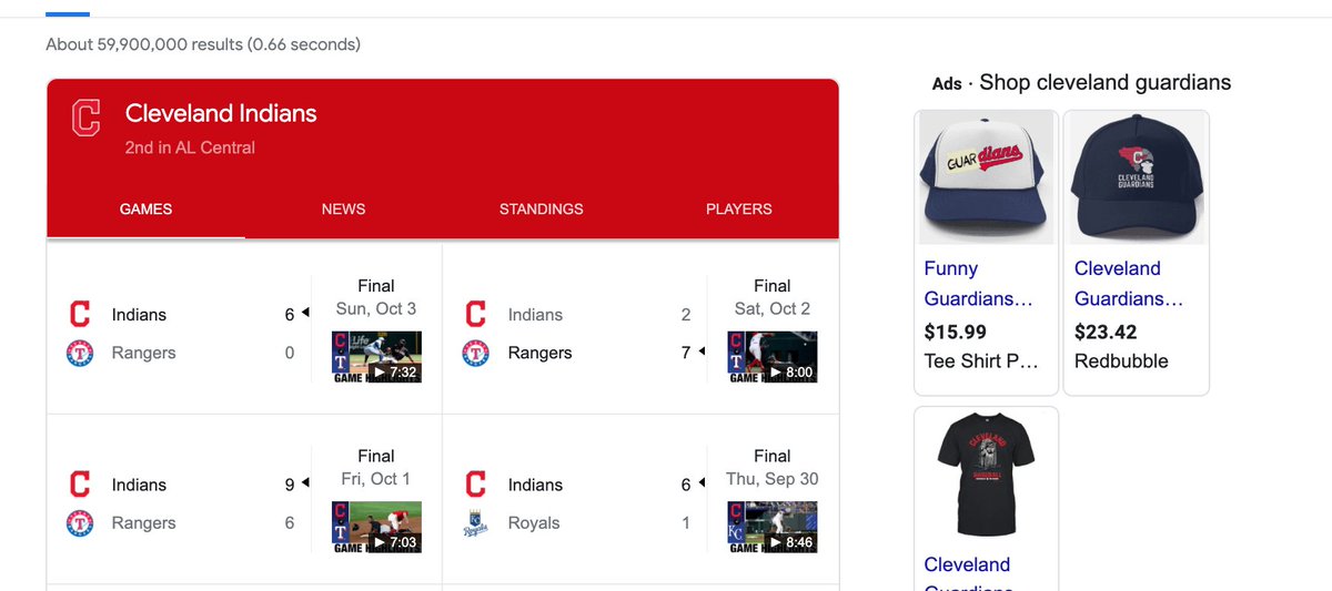 Dear @google - the Cleveland MLB team is now called the Cleveland Guardians. Perhaps update this auto generation? https://t.co/3Cx9Aqabas