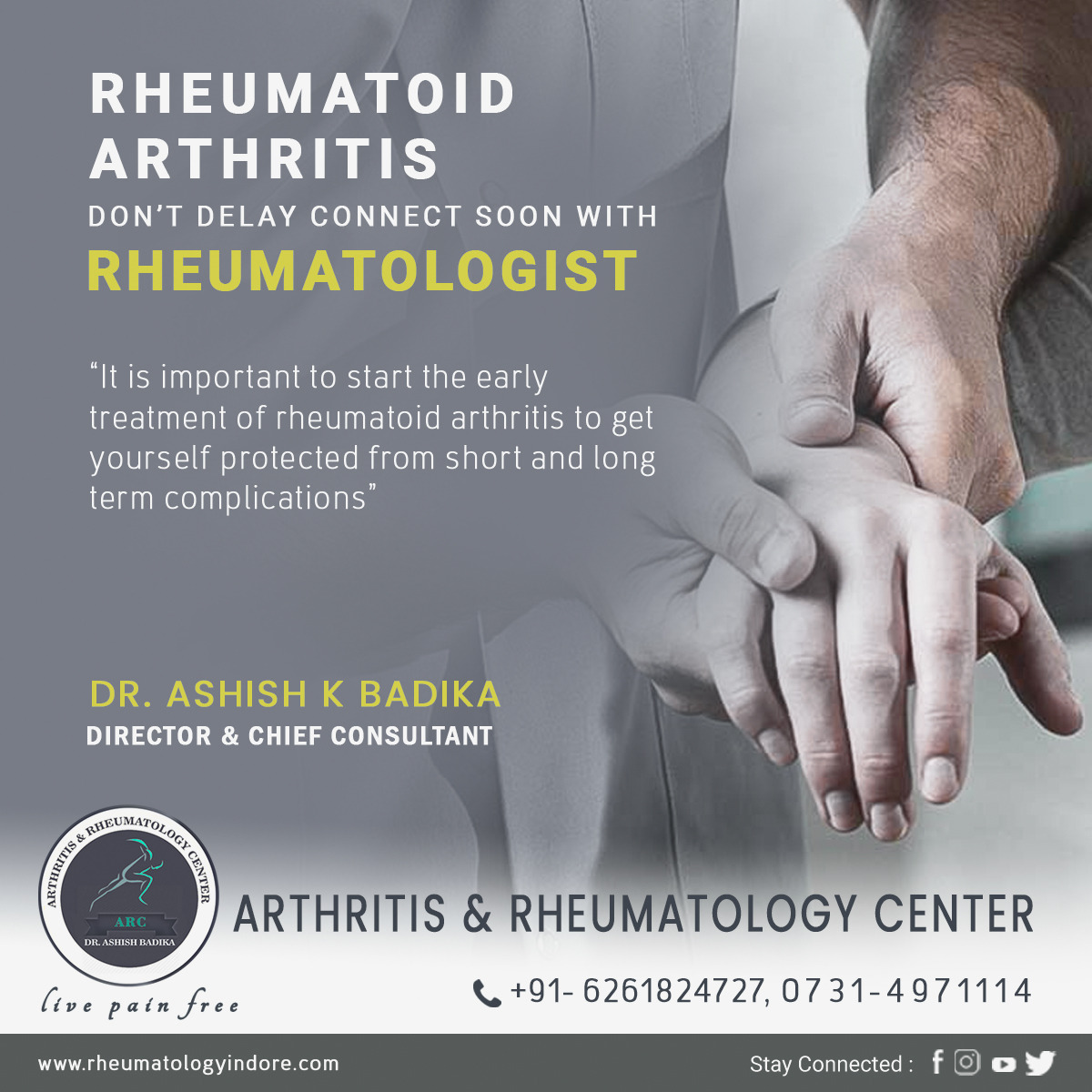 arccenter1's tweet photo. Rheumatoid Arthritis Don’t Delay Connect Soon with Rheumatologist – Dr. Ashish Badika
Get more information related to Arthritis &amp; Rheumatology Treatment Visit: https://t.co/vwYzUJA8Uh
and contact on 62618 24727.
#rheumatoidarthritis #rheumatoidArthritisTreatment #drashishbadika https://t.co/rdXtcWyoBs