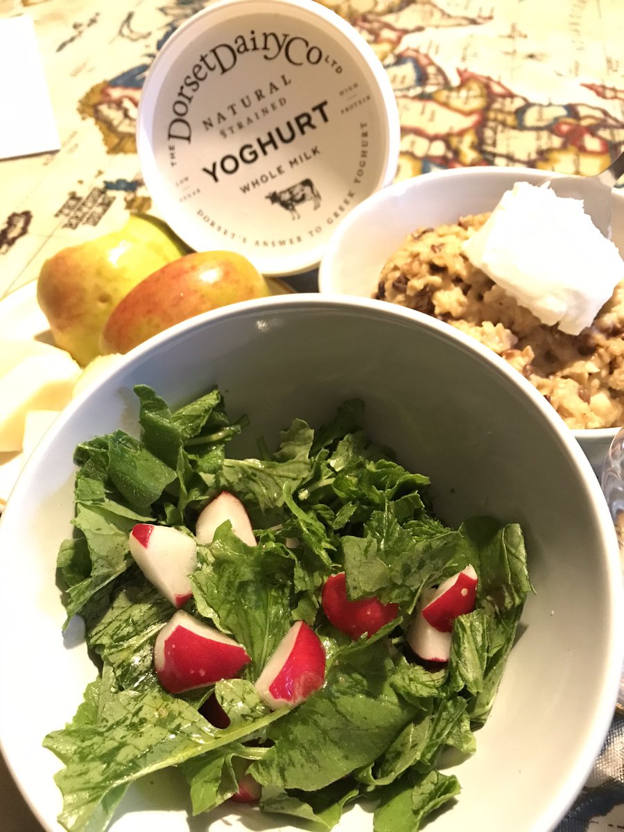 #AldermoorMenuWeek The usual apple porridge is today topped with a delicious dollop of Dorset dairy yogurt. My radish leaf salad is rescued radishes with nibbled bits chopped off, their leaves + dash of infused oil (but prefer this with mayonnaise!)