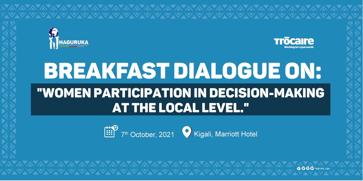 Shortly, Haguruka and @trocaire will convene a breakfast dialogue on 'Women Participation in decision-making positions at the local level'. 

Participants will discuss overarching issues that hinder women's participation in decision making positions.

#WomeninDecisionMaking