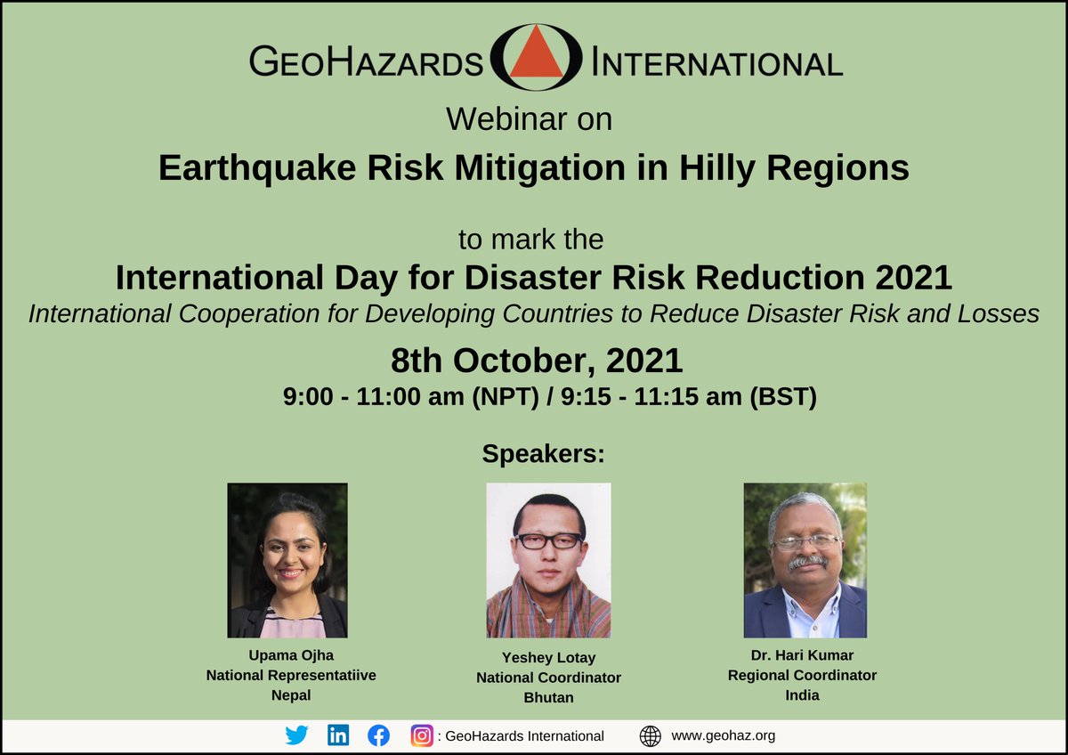 geosafety's tweet photo. Starting off #IDDRR with this webinar for Universities in Bhutan &amp; Nepal. Students of Civil engg/Arch/ Geology/Geography please email iddrr.geohaz@gmail.com #GeoHazards #Safety #earthquake https://t.co/D2LlO2x7dK